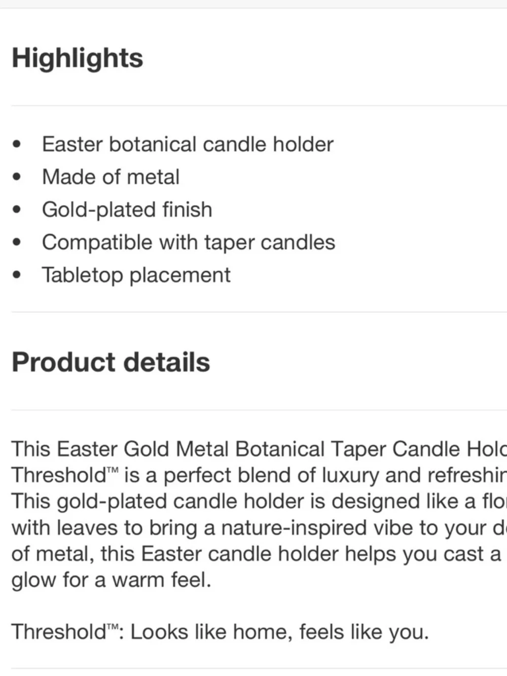 2/  Threshold Gold Metal Botanical Taper Candle Holder